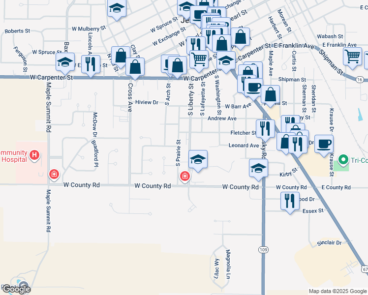 map of restaurants, bars, coffee shops, grocery stores, and more near 903 South Prairie Street in Jerseyville