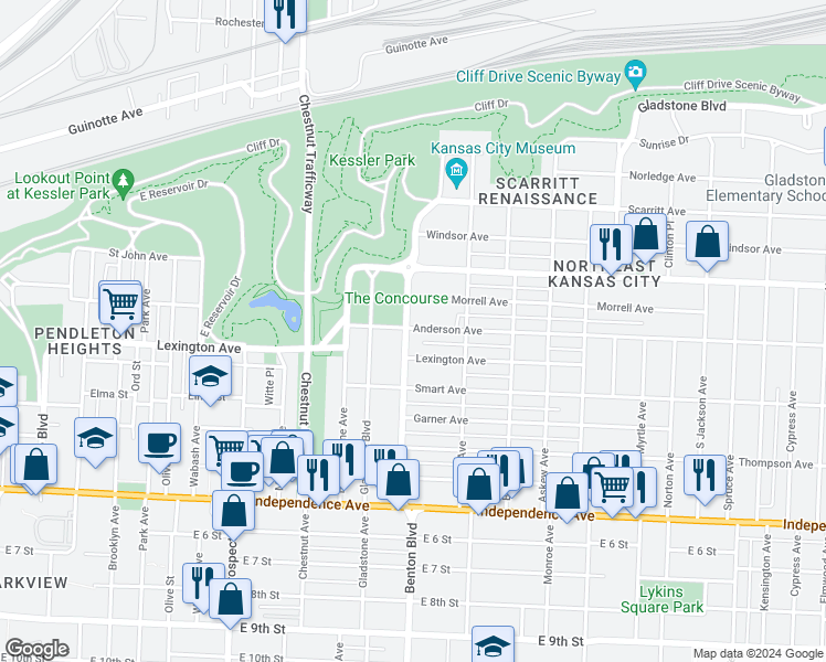 map of restaurants, bars, coffee shops, grocery stores, and more near 3220 Lexington Avenue in Kansas City