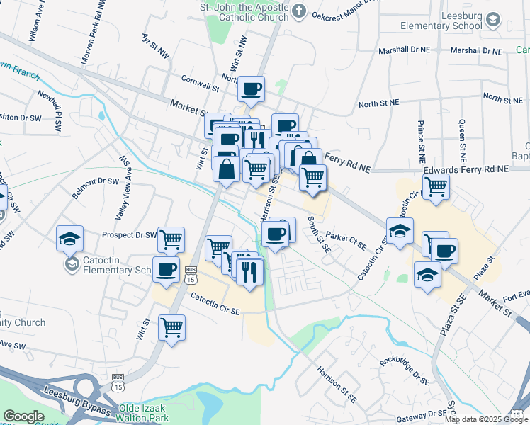map of restaurants, bars, coffee shops, grocery stores, and more near 325 Harrison Street Southeast in Leesburg