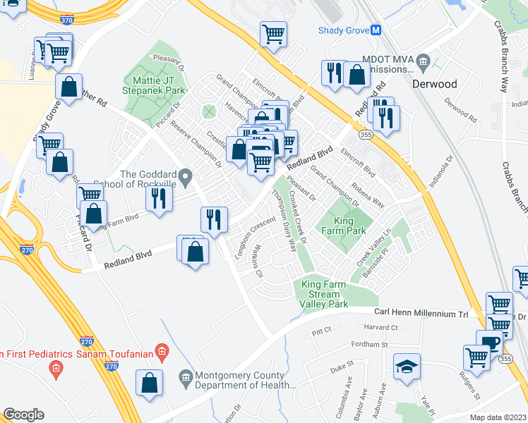 map of restaurants, bars, coffee shops, grocery stores, and more near 411 Longhorn Crescent in Rockville