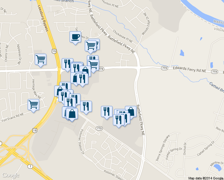 map of restaurants, bars, coffee shops, grocery stores, and more near 1501 Edwards Ferry Road Northeast in Leesburg