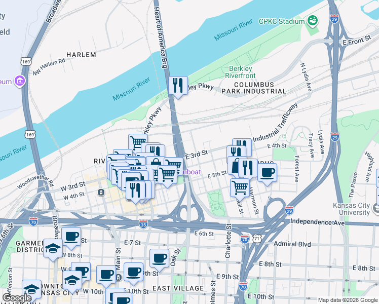 map of restaurants, bars, coffee shops, grocery stores, and more near 600 East 3rd Street in Kansas City