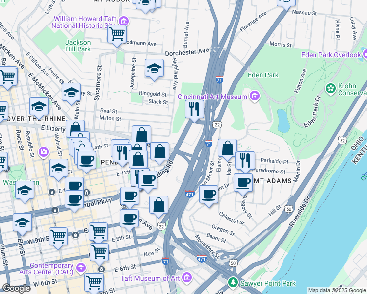 map of restaurants, bars, coffee shops, grocery stores, and more near 1400 Reading Road in Cincinnati