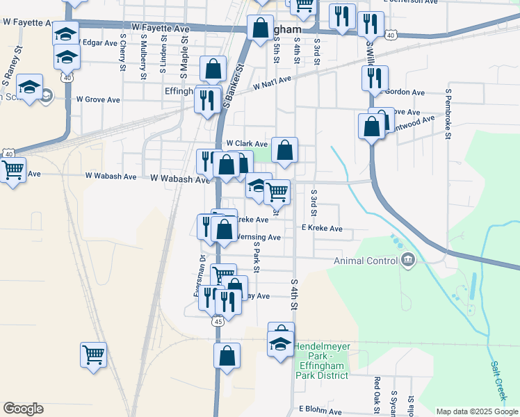 map of restaurants, bars, coffee shops, grocery stores, and more near 211 West Douglas Avenue in Effingham