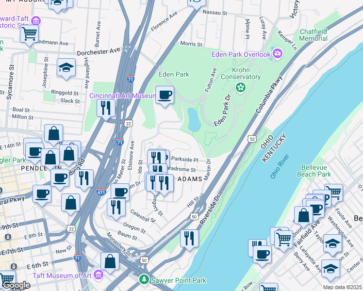 map of restaurants, bars, coffee shops, grocery stores, and more near 966 Mount Adams Drive in Cincinnati
