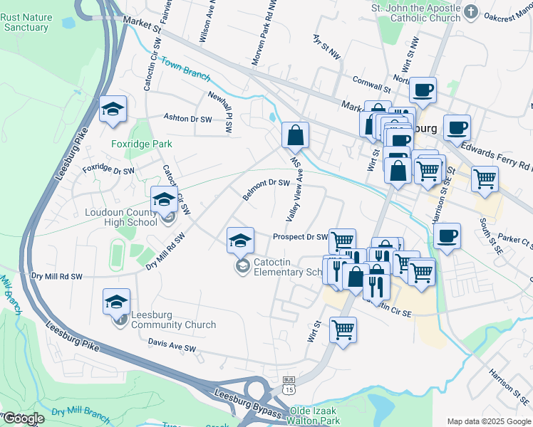 map of restaurants, bars, coffee shops, grocery stores, and more near 311 Belmont Place Southwest in Leesburg
