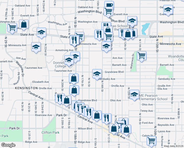 map of restaurants, bars, coffee shops, grocery stores, and more near 433 North 16 Street in Kansas City