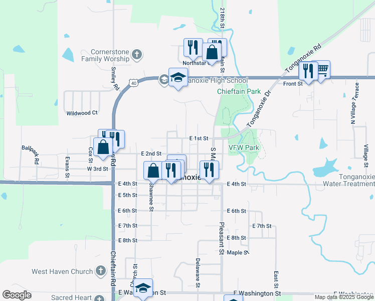 map of restaurants, bars, coffee shops, grocery stores, and more near 513 East 2nd Street in Tonganoxie