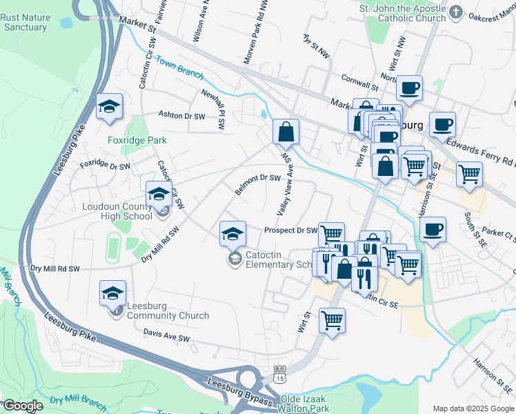 map of restaurants, bars, coffee shops, grocery stores, and more near 311 Belmont Place Southwest in Leesburg