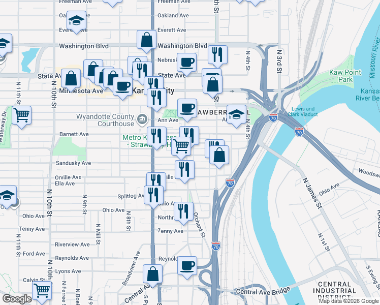 map of restaurants, bars, coffee shops, grocery stores, and more near 503 North 6th Street in Kansas City