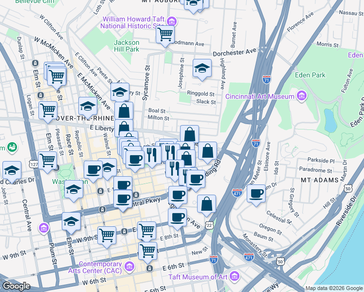 map of restaurants, bars, coffee shops, grocery stores, and more near in Cincinnati
