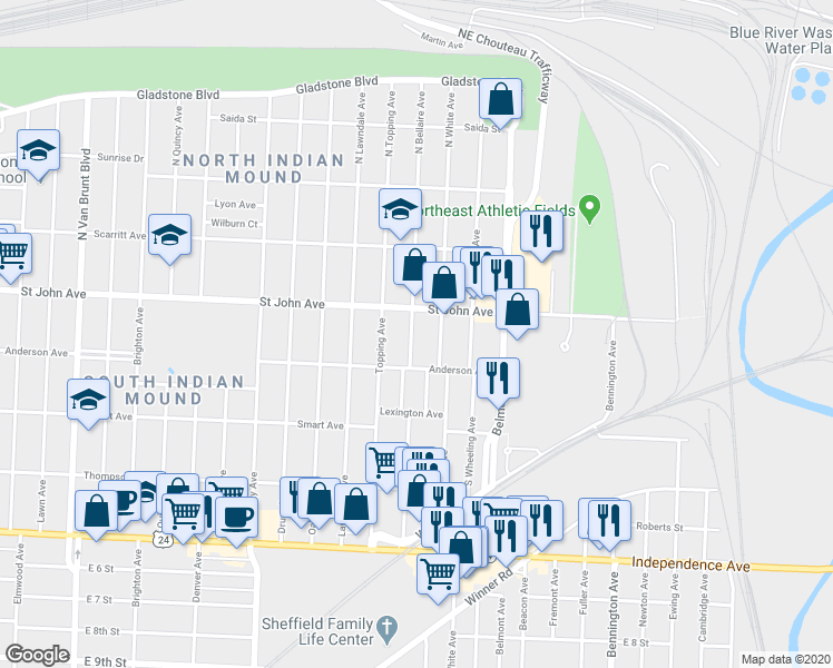 map of restaurants, bars, coffee shops, grocery stores, and more near 117 Bellaire Avenue in Kansas City