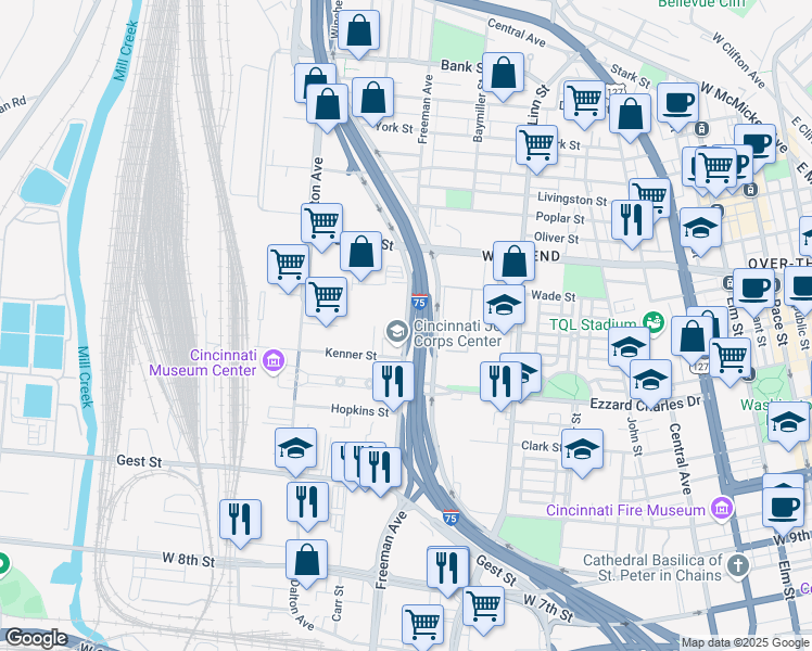 map of restaurants, bars, coffee shops, grocery stores, and more near 1437 Western Avenue in Cincinnati