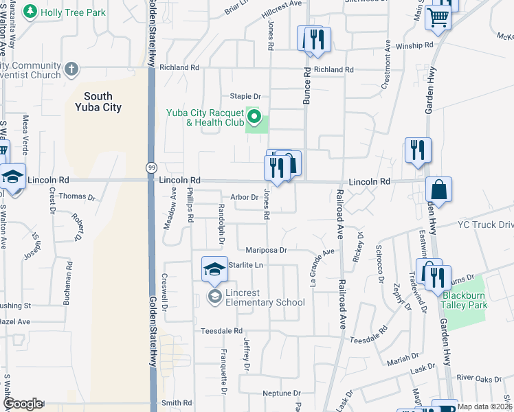 map of restaurants, bars, coffee shops, grocery stores, and more near 1008 Courtyard Drive in Yuba City