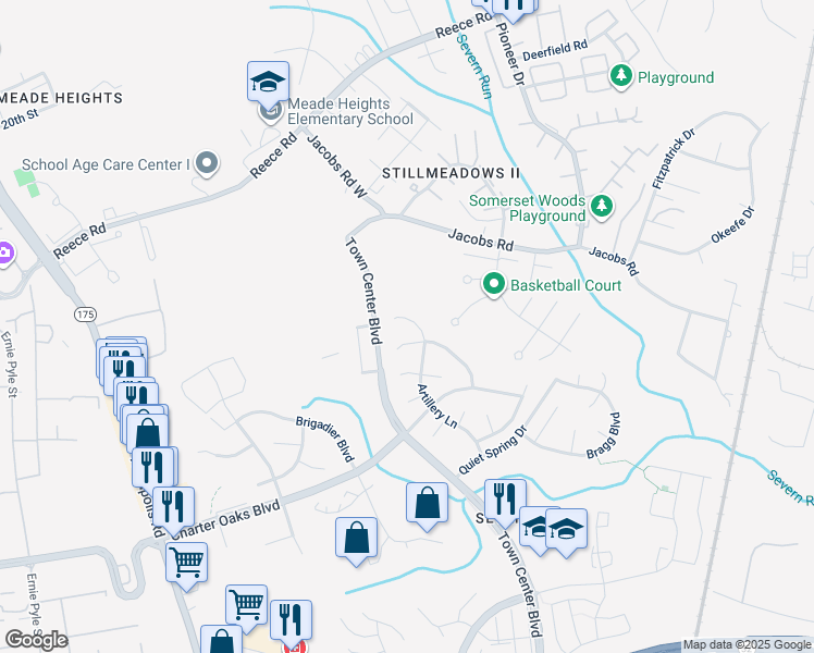 map of restaurants, bars, coffee shops, grocery stores, and more near 1942 Artillery Lane in Odenton