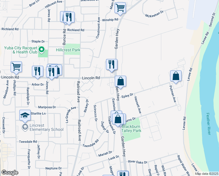 map of restaurants, bars, coffee shops, grocery stores, and more near 541 Scirocco Drive in Yuba City