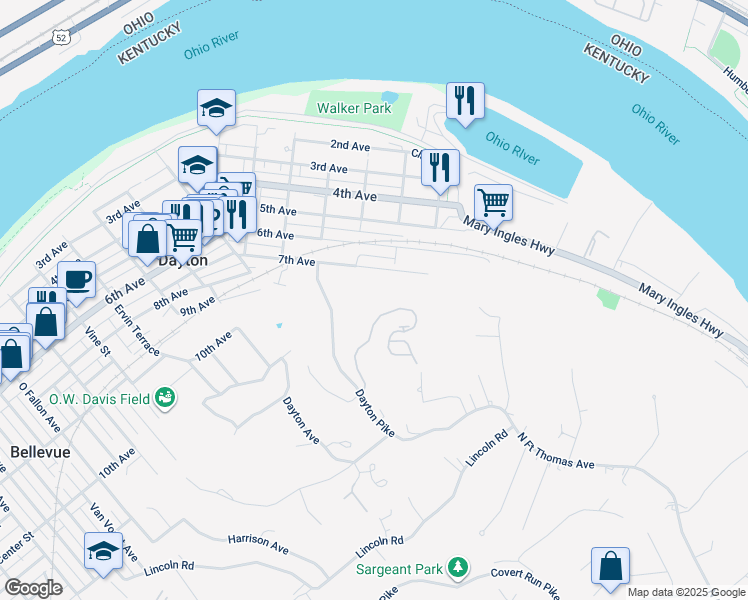 map of restaurants, bars, coffee shops, grocery stores, and more near 358 Riverpointe Drive in Dayton