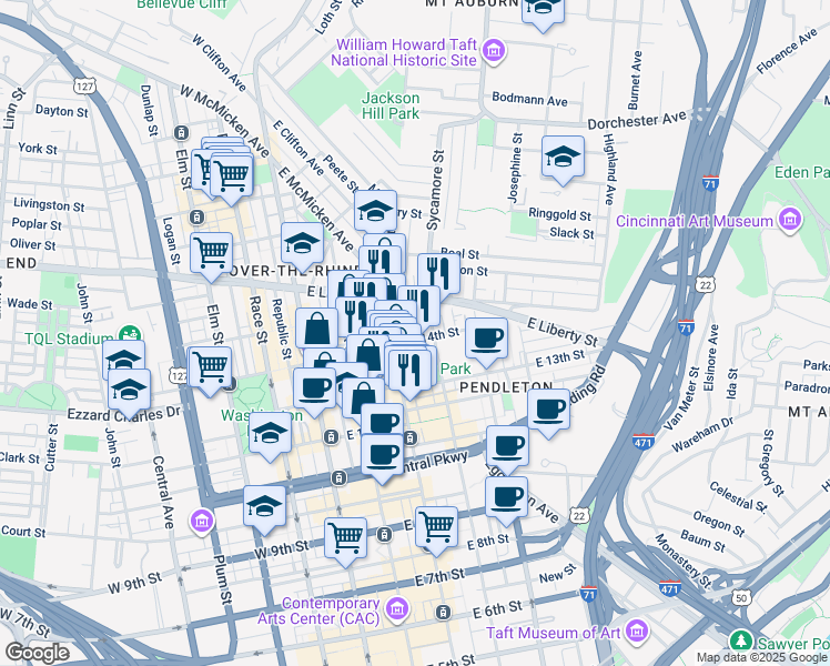 map of restaurants, bars, coffee shops, grocery stores, and more near 216 Woodward Street in Cincinnati