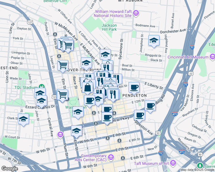 map of restaurants, bars, coffee shops, grocery stores, and more near 1335 Clay Street in Cincinnati