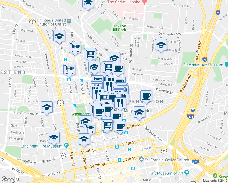 map of restaurants, bars, coffee shops, grocery stores, and more near 1335 Clay Street in Cincinnati