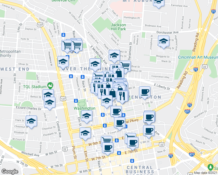 map of restaurants, bars, coffee shops, grocery stores, and more near 1335 Clay Street in Cincinnati