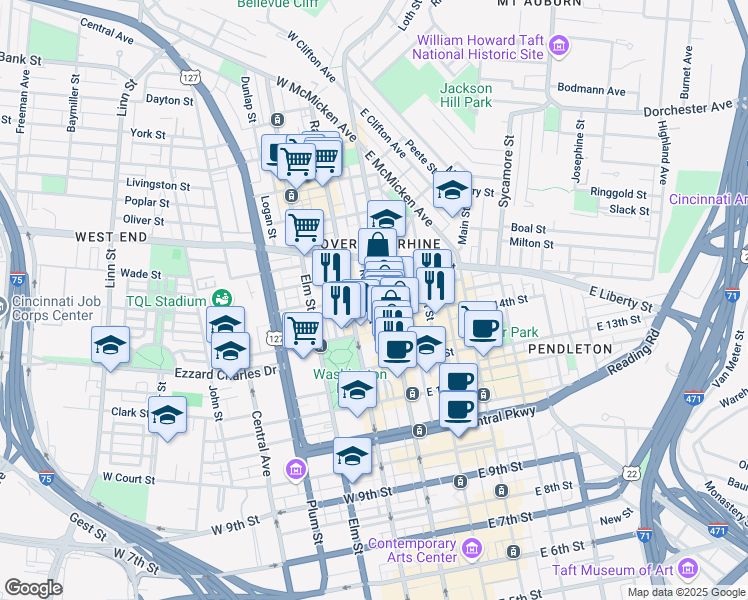 map of restaurants, bars, coffee shops, grocery stores, and more near 1412 Republic Street in Cincinnati