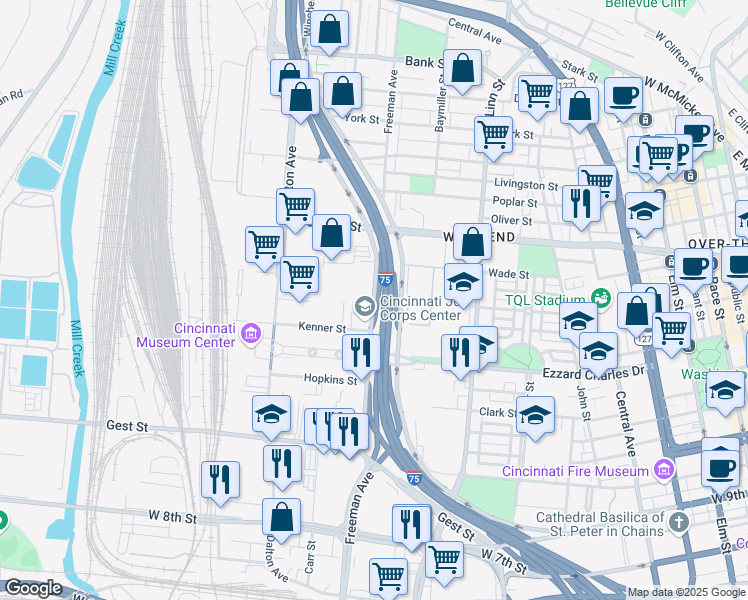 map of restaurants, bars, coffee shops, grocery stores, and more near 1423-1441 Western Avenue in Cincinnati