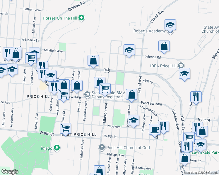 map of restaurants, bars, coffee shops, grocery stores, and more near 1023 Del Monte Place in Cincinnati