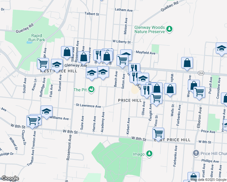 map of restaurants, bars, coffee shops, grocery stores, and more near 1026 Beech Avenue in Cincinnati