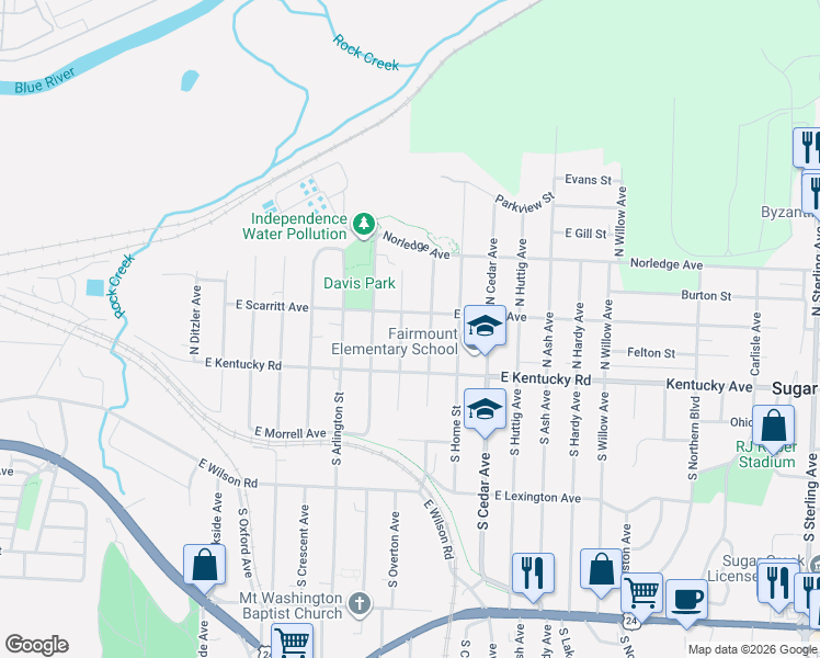 map of restaurants, bars, coffee shops, grocery stores, and more near 115 North Overton Avenue in Independence