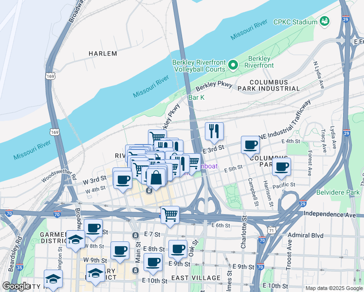 map of restaurants, bars, coffee shops, grocery stores, and more near 416 East 3rd Street in Kansas City