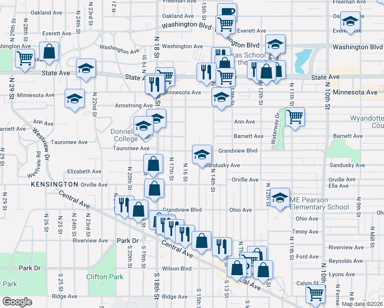 map of restaurants, bars, coffee shops, grocery stores, and more near 433 North 16 Street in Kansas City