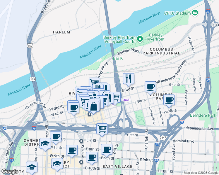 map of restaurants, bars, coffee shops, grocery stores, and more near 500 East 3rd Street in Kansas City