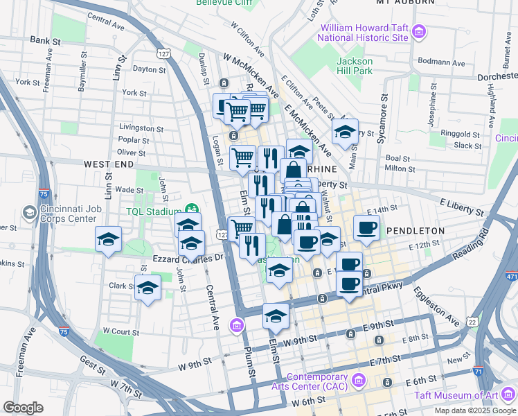 map of restaurants, bars, coffee shops, grocery stores, and more near 1419 Race Street in Cincinnati