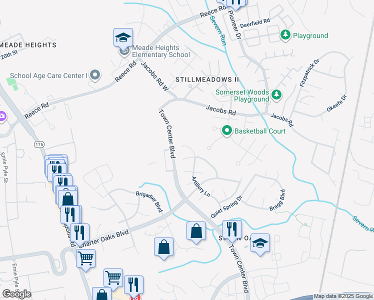 map of restaurants, bars, coffee shops, grocery stores, and more near 1942 Artillery Lane in Odenton