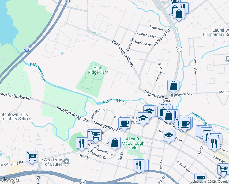 map of restaurants, bars, coffee shops, grocery stores, and more near 9437 Fairview Avenue in Laurel