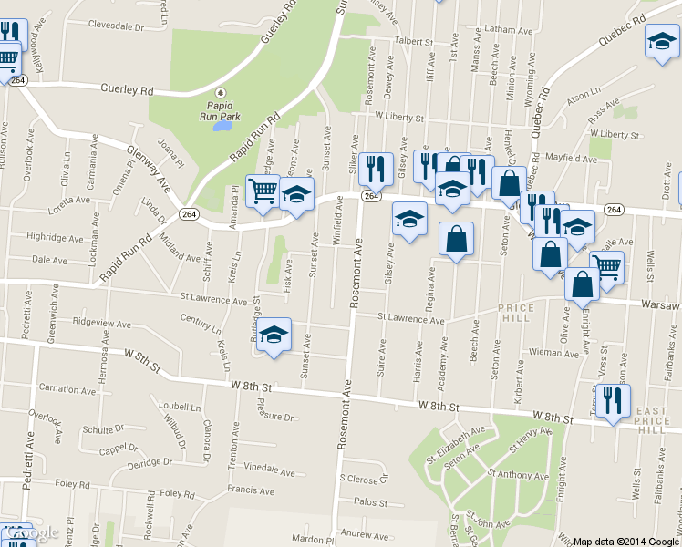 map of restaurants, bars, coffee shops, grocery stores, and more near 1040 Winfield Avenue in Cincinnati