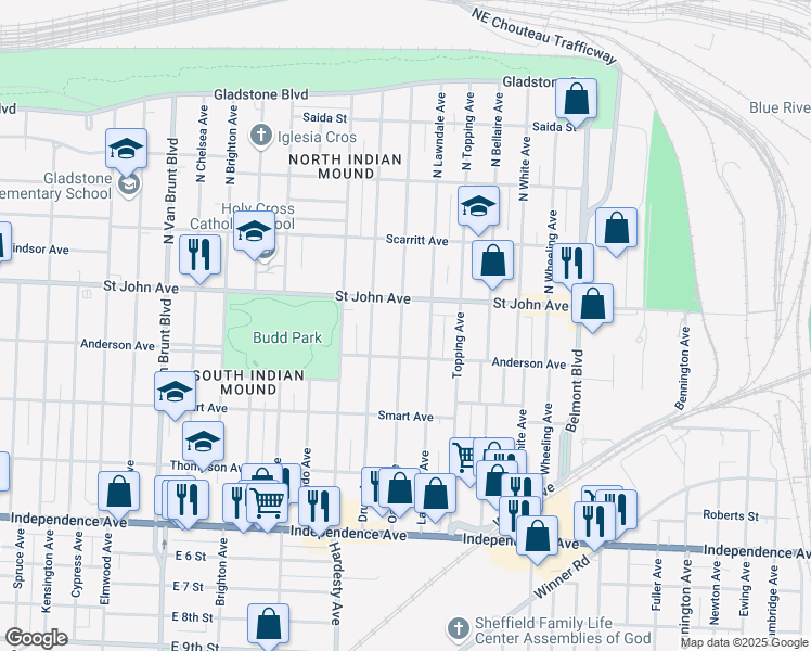 map of restaurants, bars, coffee shops, grocery stores, and more near 121 Oakley Avenue in Kansas City