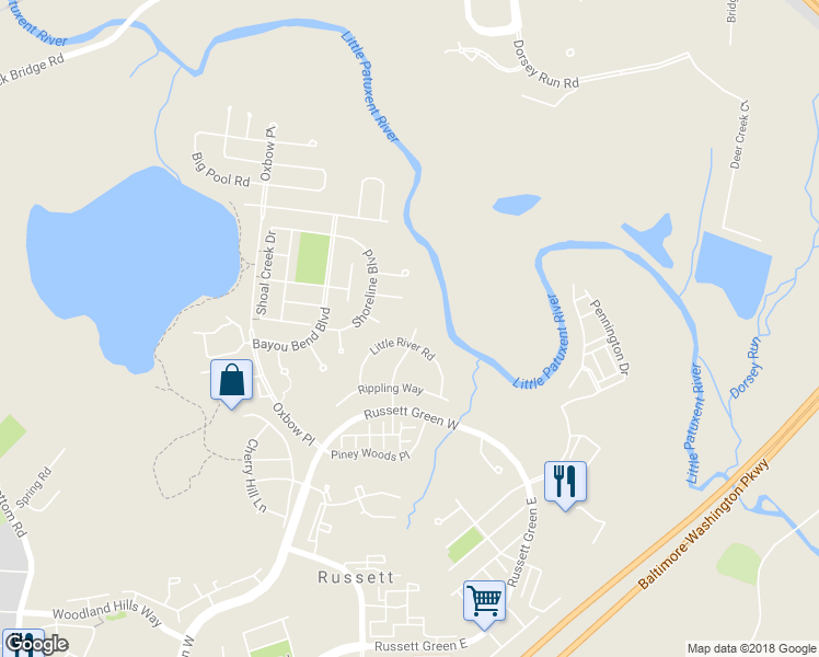 map of restaurants, bars, coffee shops, grocery stores, and more near 26 Little River Road in Laurel