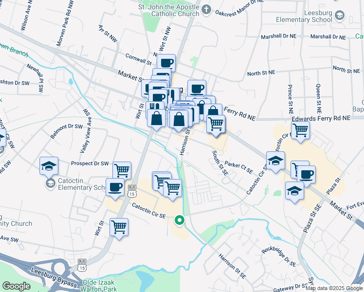 map of restaurants, bars, coffee shops, grocery stores, and more near 343 Harrison Street Southeast in Leesburg