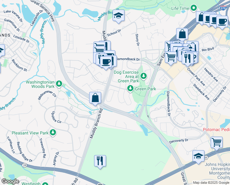 map of restaurants, bars, coffee shops, grocery stores, and more near 10 Pontiac Way in Gaithersburg