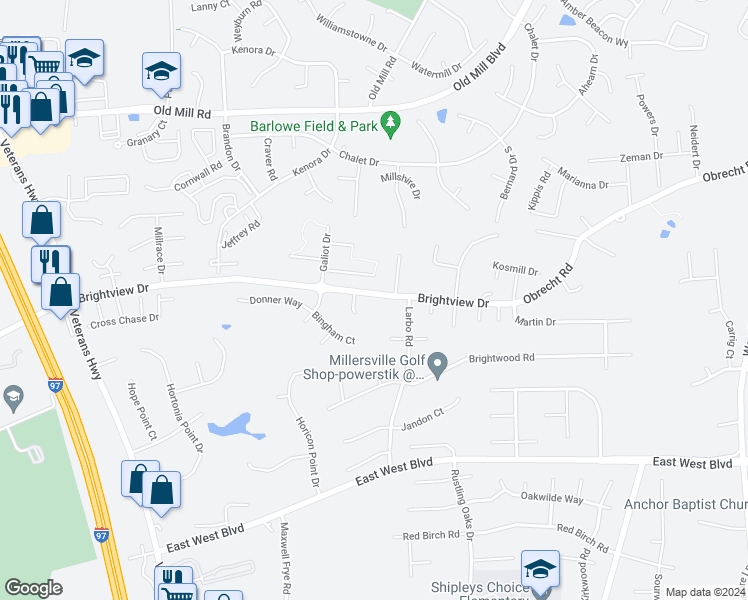 map of restaurants, bars, coffee shops, grocery stores, and more near 555 Brightview Drive in Millersville