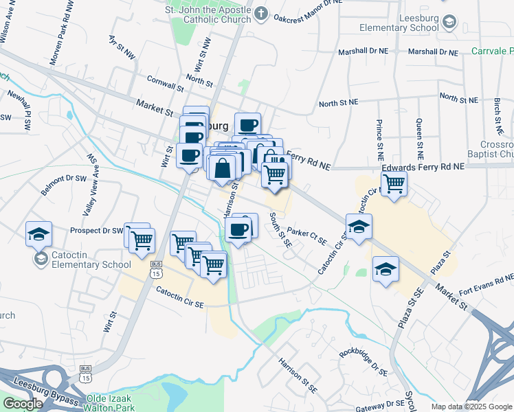 map of restaurants, bars, coffee shops, grocery stores, and more near 225 South Street Southeast in Leesburg
