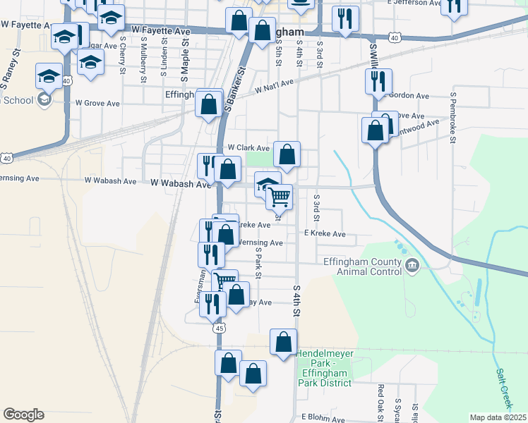 map of restaurants, bars, coffee shops, grocery stores, and more near 211 West Douglas Avenue in Effingham