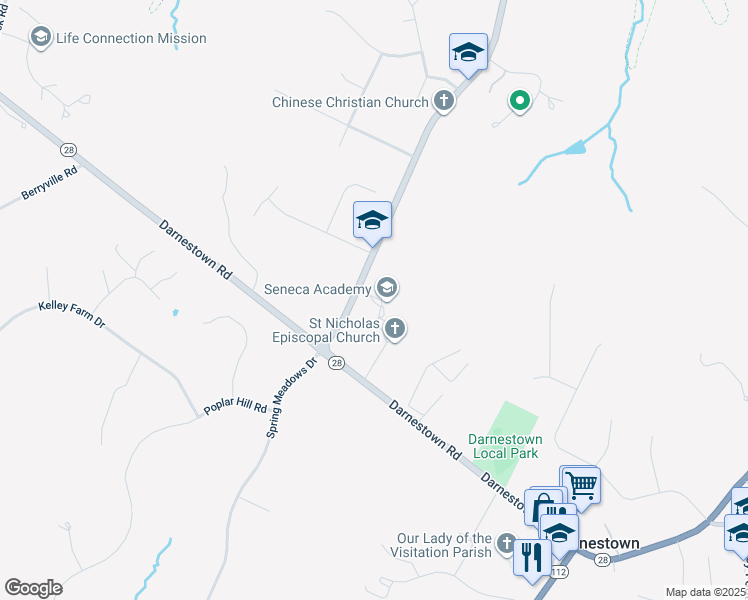 map of restaurants, bars, coffee shops, grocery stores, and more near 15601 Germantown Road in Germantown
