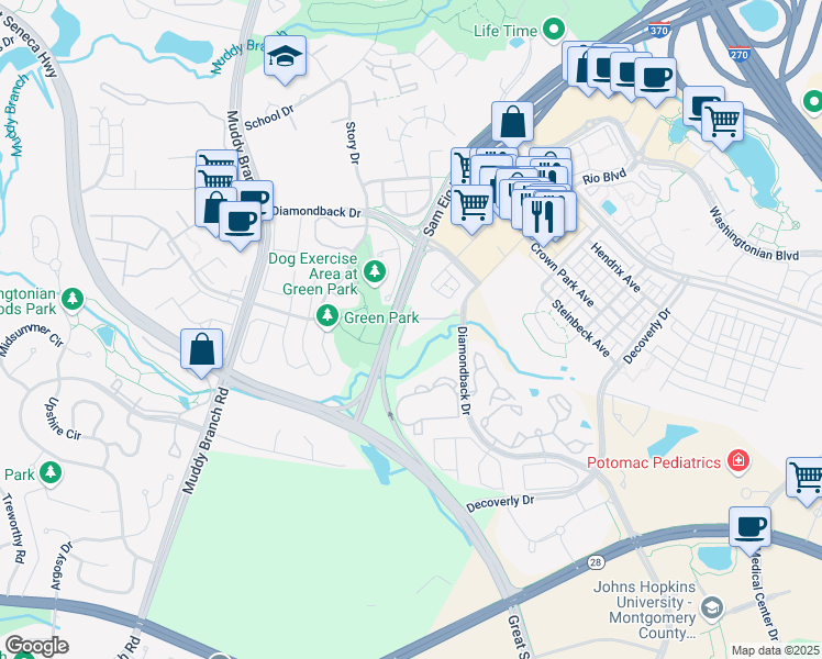 map of restaurants, bars, coffee shops, grocery stores, and more near 10146 Reprise Drive in Rockville