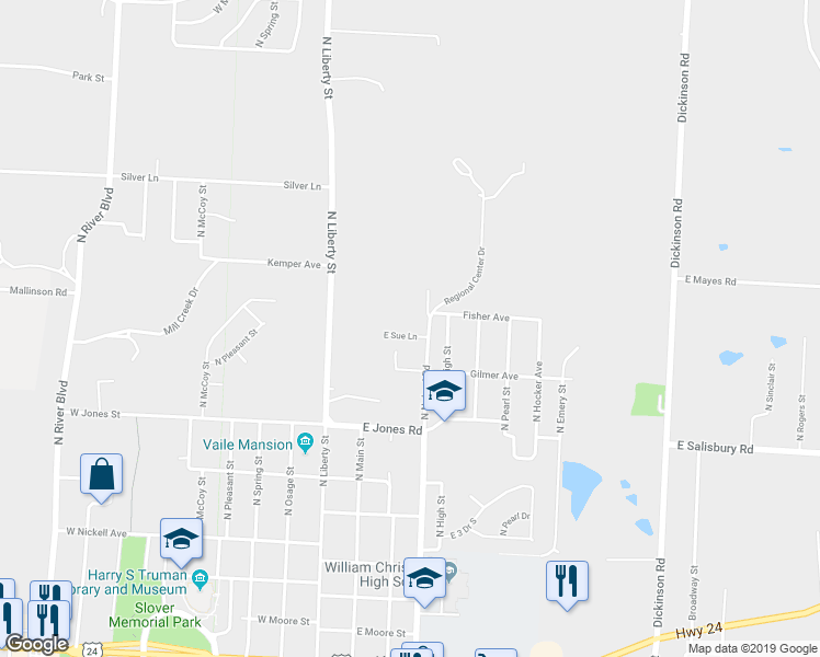 map of restaurants, bars, coffee shops, grocery stores, and more near 116 East Sue Lane in Independence