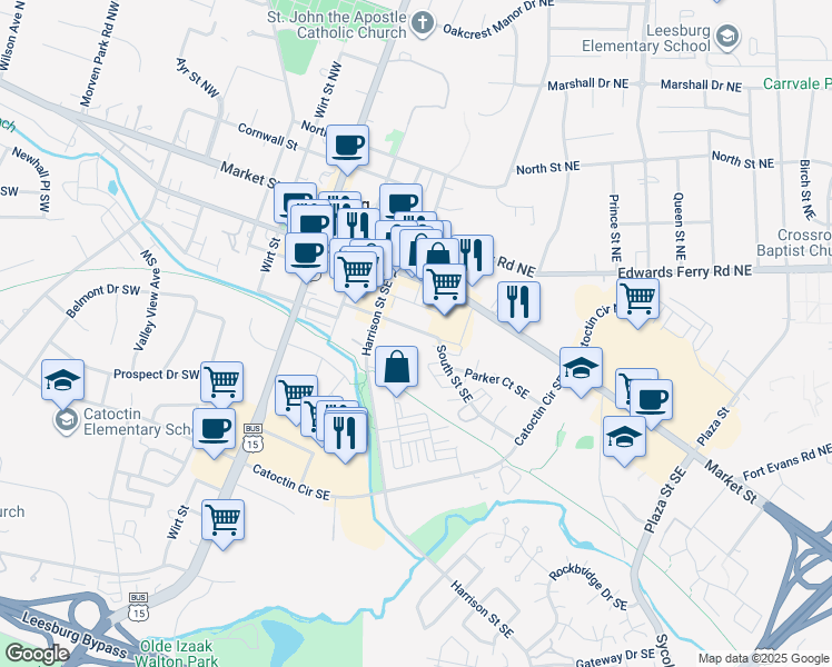 map of restaurants, bars, coffee shops, grocery stores, and more near 225 South Street Southeast in Leesburg