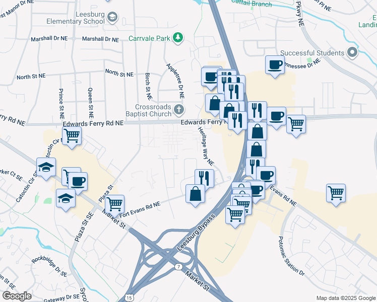map of restaurants, bars, coffee shops, grocery stores, and more near 61 Adams Drive Northeast in Leesburg