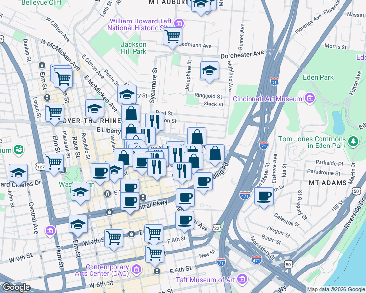 map of restaurants, bars, coffee shops, grocery stores, and more near in Cincinnati